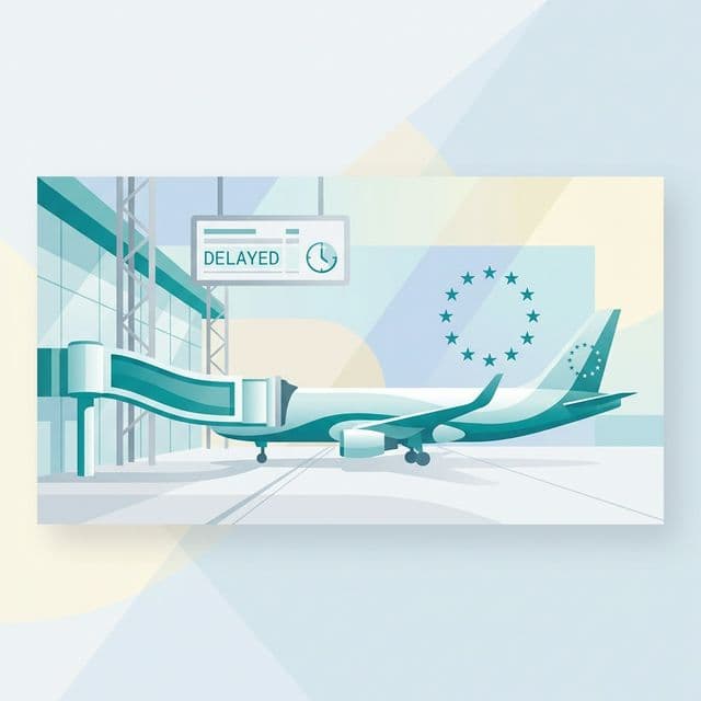 Vertraagd vliegtuig aan de gate met EU-sterren — EU Verordening 261/2004